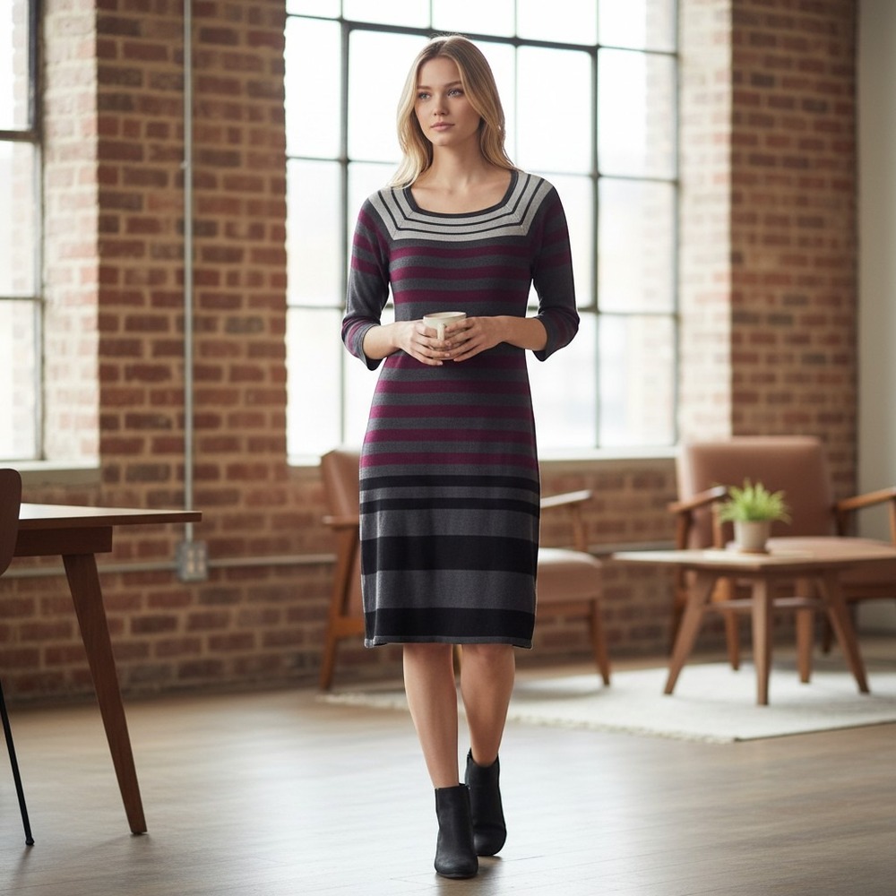I'm In‎ Love With Derek Striped Sweater Dress Grey Burgundy Black 3/4 Sleeve L